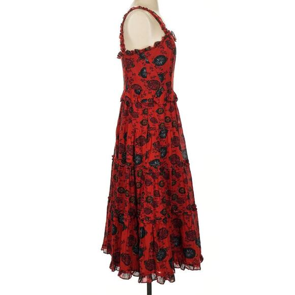 ULLA JOHNSON Midi Sun Dress Poppy Floral Ruffle Pockets Cotton 4 Square Neck Red - Picture 6 of 8